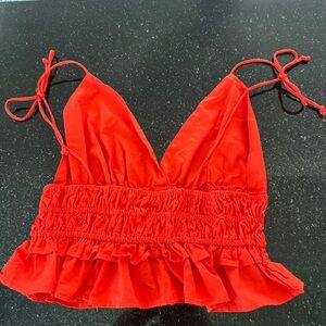 Vibrant Red Sleeveless Smocked Strappy Camisole Crop top size-Medium